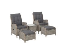 Gardeon 5PC Recliner Chairs Table Sun lounge Wicker Outdoor Furniture Adjustable Grey