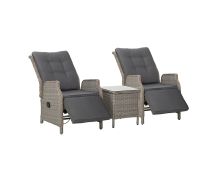 Gardeon 3PC Recliner Chairs Table Sun lounge Outdoor Furniture Wicker Adjustable Grey