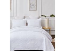 Embroidered Vivid White 100% Cotton Quilted 3 pcs Bedspread Coverlet Set Super King