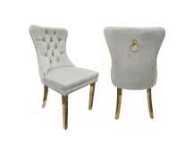 Set of 2 -Alsea Beige Velvet & Gold Polished Steel Dining Chairs Upholstered Tufted Stud Trim and Ring