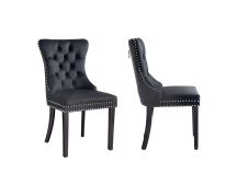 Set of 2 - Alsea Black Velvet & Black Rubberwood Dining Chairs Upholstered Tufted Stud Trim and Ring