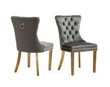 Set of 2 -Alsea Dark Grey Velvet & Gold Polished Steel Dining Chairs Upholstered Tufted Stud Trim and Ring