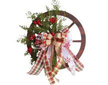 Christmas Red Wooden Wheel Wreath Front Door Hanging Garland Wall Decor(30*30cm)