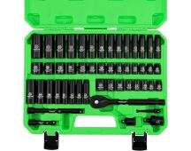 SWANLAKE 3/8" Drive Impact Socket Set, 50-Piece Standard SAE (5/16 to 3/4 inch) and Metric (8-22mm) Size, 6 Point, Cr-V, 3/8-Inch Ratchet Handle, Extension Bar, Universal Joint