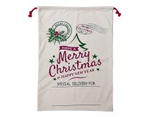 Large Christmas XMAS Hessian Santa Sack Stocking Bag Reindeer Children Gifts Bag, Cream - Happy New Year