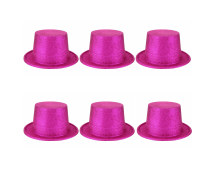 6x Glitter Top Hat Fancy Party Plastic Costume Tall Cap Fun Bulk - Hot Pink