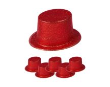 6x GLITTER TOP HAT Fancy Party Plastic Costume Tall Cap Fun Dress Up BULK - Red - One Size