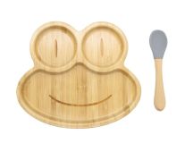 Bamboo Kids Children Baby Plate Bowl & Silicon Suction Cap Base & Spoon - Frog