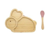 Bamboo Kids Children Baby Plate Bowl & Silicon Suction Cap Base & Spoon - Rabbit